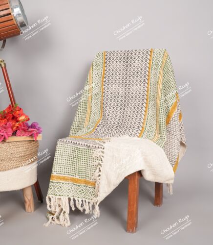 Hand Loomed Cloth Soft Cotton Blanket 50"x70" Boho Decor Vintage Throws Blankets - Picture 2 of 8