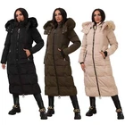 Women's Long Quilted Jacket with Detachable Fur Hood Full Zip Coat for Women UK