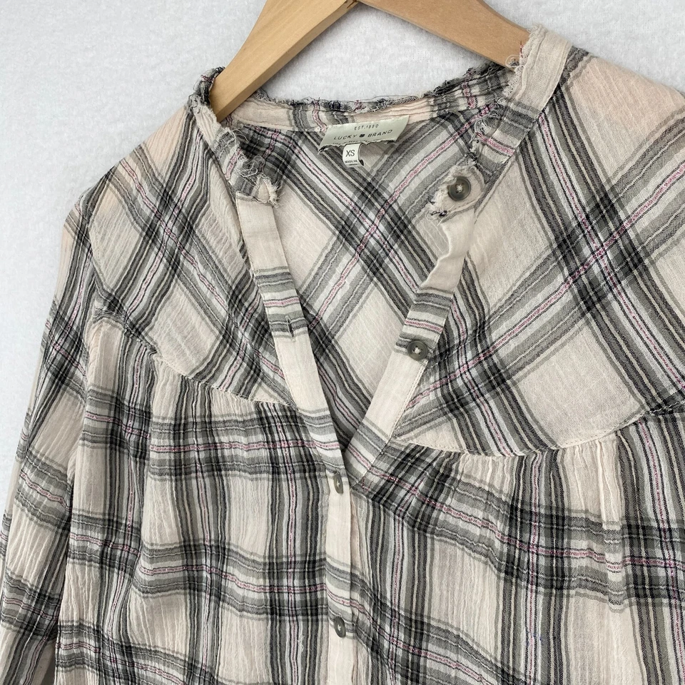 Блузка женская LUCK BRAND XS марлевая клетчатая потертая поповер с длинным рукавом хлопковая серая - Изображение 2 из 4