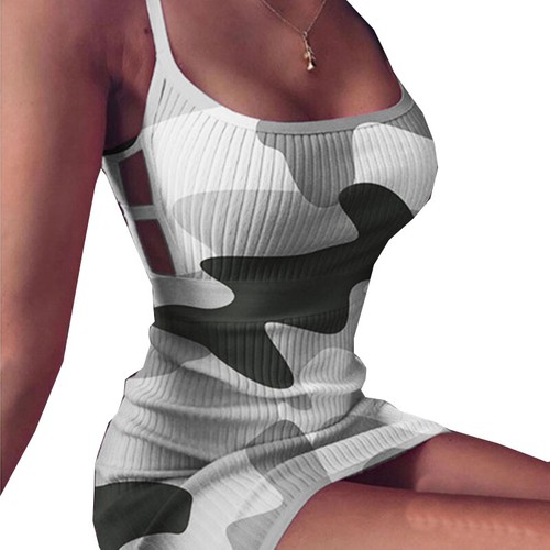 Lady Camo Tank Sexy Hollow Dress Summer Sleeveless Bodycon Straps Beach Sundress - Picture 5 of 17