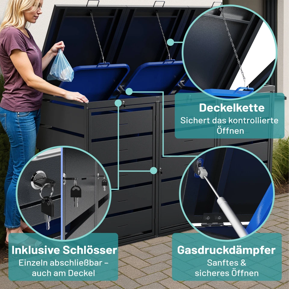 Müllbox 3er Tonnen 240l Stahl verzinkt Anthrazit abschließbar Deckel - Bild 2 von 4