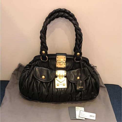 MIU MIU Matelasse Leather Handbag Tote Bag Black Auth w/ Card Dust Bag Key