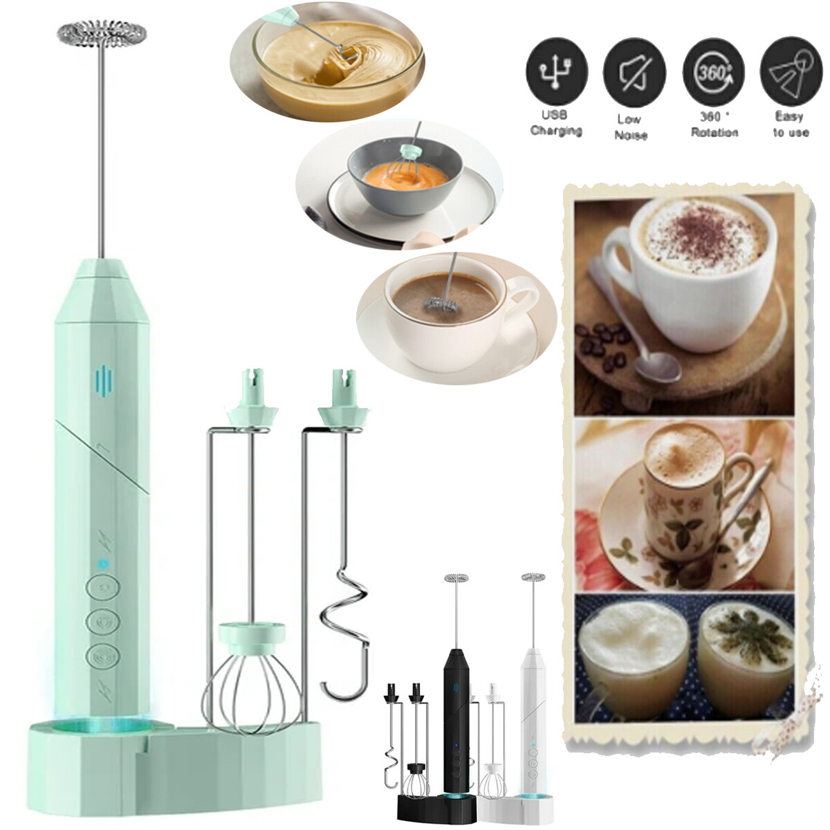 Milk Frother Handheld,Foldable Milk Frother,USB-C Rechargeable Foam Maker,3Heads-image