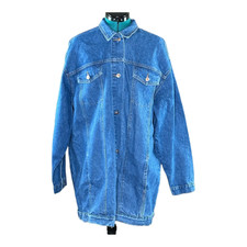Forenza Womens Long Jean Jacket Blue Long Sleeve Buttons Flap Pockets Collar L