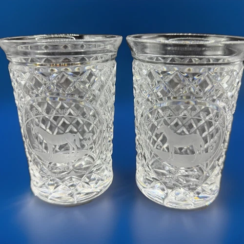 Vtg 2 Horse Racing Thoroughbred Club America Stakes Etched Crystal Glasses 6 oz
