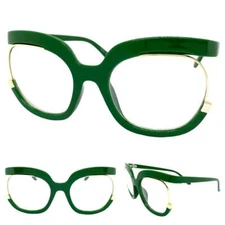 Oversized Vintage Retro Style Clear Slight Tint Lens SUN GLASSES Big Green Frame