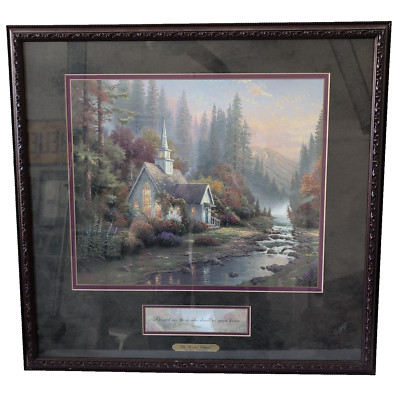 VTG Y2K Thomas Kinkade The Forest Chapel  Brown Framed Print With COA- 22.5 x 21