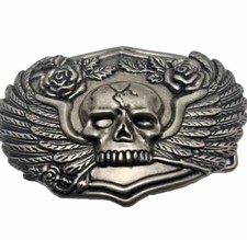 VTG Craked Skull Biker Belt Bucle Roses Wings Goth Look