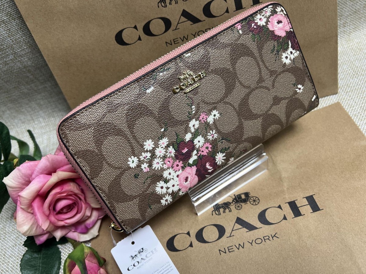 COACH Brown Signature Pink Floral Flower Long Wallet Round