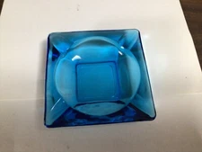Vintage Square Clear Blue Glass Ashtray 4 5/8” MCM Cigarette Cigar VGC