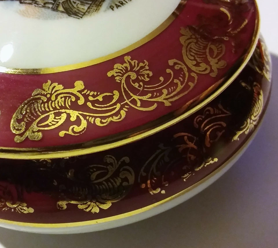 复古 Limoges Notre Dame 瓷陶瓷金红色盒 法国 1960 年 礼物 罕见 — 第 3/4 张图片