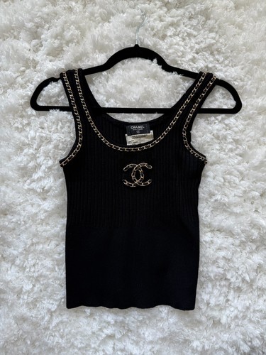 Vintage CHANEL Wool Logo Tank Top - Chain Strap Detail - S/US 4