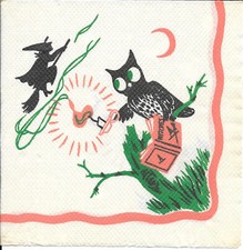 Vintage Paper Halloween Napkin ~ Wise Owl, Witch, Jack O' Lantern, Moon