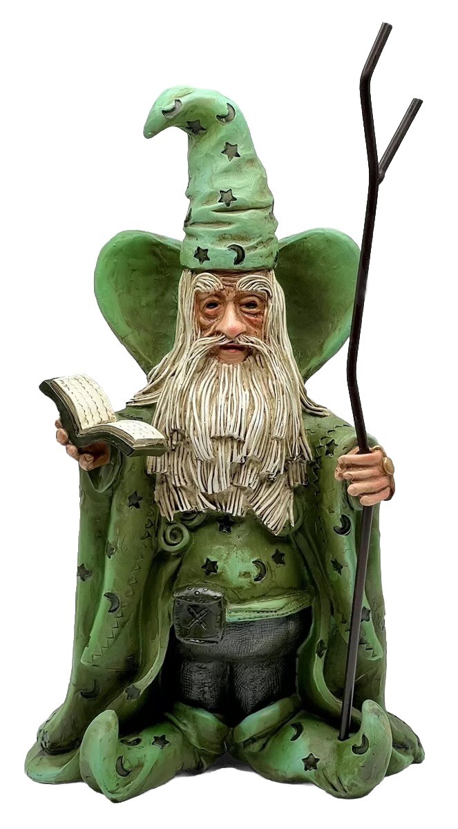 WIZARD FIGURINE REALISTIC FEATURES RESIN MERLIN GREEN MOON & STARS 11” TALL