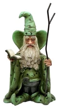 WIZARD FIGURINE REALISTIC FEATURES RESIN MERLIN GREEN MOON & STARS 11” TALL