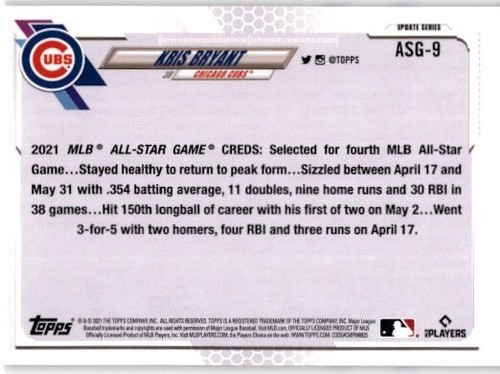 KRIS BRYANT 2021 Topps Update MLB All Stars #ASG-9 Chicago Cubs - Picture 2 of 2