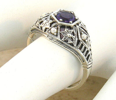 GENUINE AMETHYST PEARL 925 STERLING SILVER DECO ANTIQUE STYLE FILIGREE RING 159X