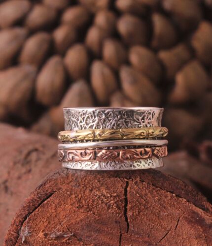 Solid 925 Sterling Silver Hammered Band Spinner Ring For Women | Handmade Three - Picture 1 of 3