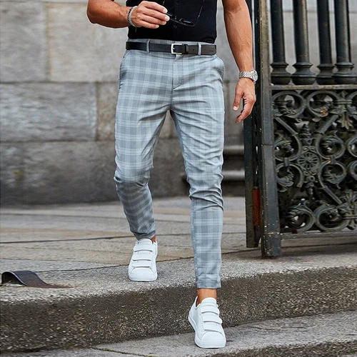 Mens Casual Plaid Bottoms Men Summer Leisure Button Trousers Fitted Long Pants - Picture 8 of 19