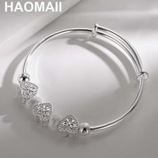925 Sterling Silver Charm Hearts Bangle Bracelet Women Fashion Jewelry