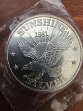 1981 Sunshine Mining .999 1 troy oz silver round in original package 105.00 per troy oz