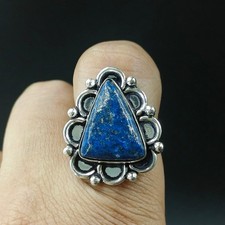 925 Sterling Silver Handmade Jewelry Natural Lapis Lazuli Gemstone Ring Size-8US