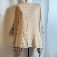 Embroidered Kimono Poncho Beige Top One Sz Flowy Boho Southwestern Aztec in EUC