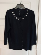 Cable  Gauge Woman's Extra Large Black Interwoven Grommets Cardigan Sweater NWT
