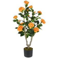 36" Artificial Camellia Tree Fake Potted Tree Greenery Floral Plant Modern