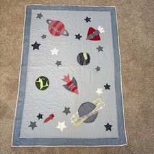 Pottery Barn Kids Blue Space Rocket Quilted Denim Crib Baby Blanket 35x50  