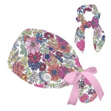 Floral Scrub Caps Women Ponytail Adjustable Surgical Hat Buttons Cute Nurse