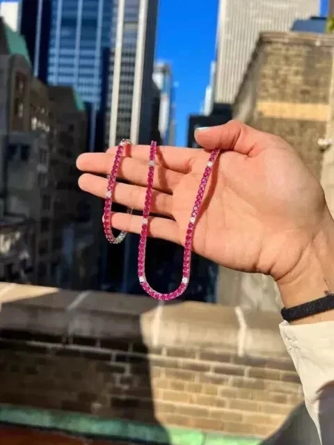 Wedding Tennis Necklace 14K White Gold Plated 18" 3MM Round Lab Created Red Ruby - Image 2 of 4