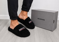 Balenciaga Furry Logo Slippers Black Men's Luxury House Slides New With Box