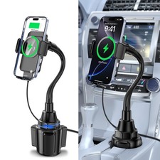 Cup Holder Phone Mount, Auto Clamping 2 in 1 Wireless Car Charger Holder Fa...