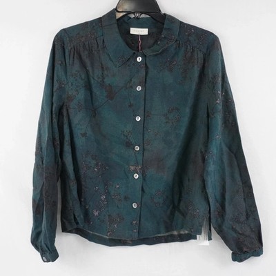 Poetry Printed Blouse, Size 6, Petrol, Collared Long Sleeve Button Up Shirt NWT