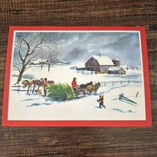 Vintage 1950s–60s Christmas Card Country Winter Scene Horse-Drawn Sleigh Barn