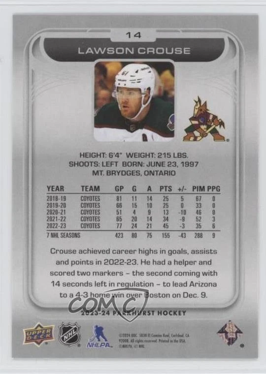 2023-24 Upper Deck Parkhurst Pink Foil /50 Lawson Crouse #14 - Image 2 of 2