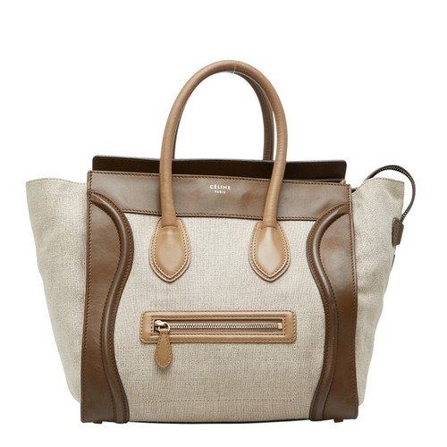 CELINE Luggage Mini Shopper Handbag Canvas Leather Beige Brown Women Used