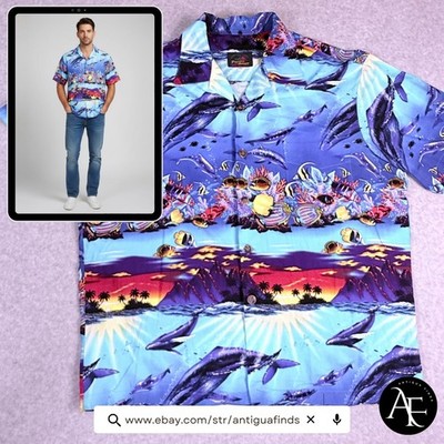 Paradise on a Hanger Mens XXL Whale Dolphin Tropical Fish Marine Sunset Shirt