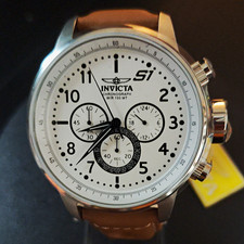 Invicta S1 Men's Chronograph Quartz Watch White Dial Brown Leather 48mm 100m