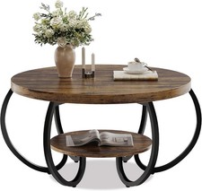 Round Coffee Table, 2-story Circular Wooden Coffee Table for Living Room