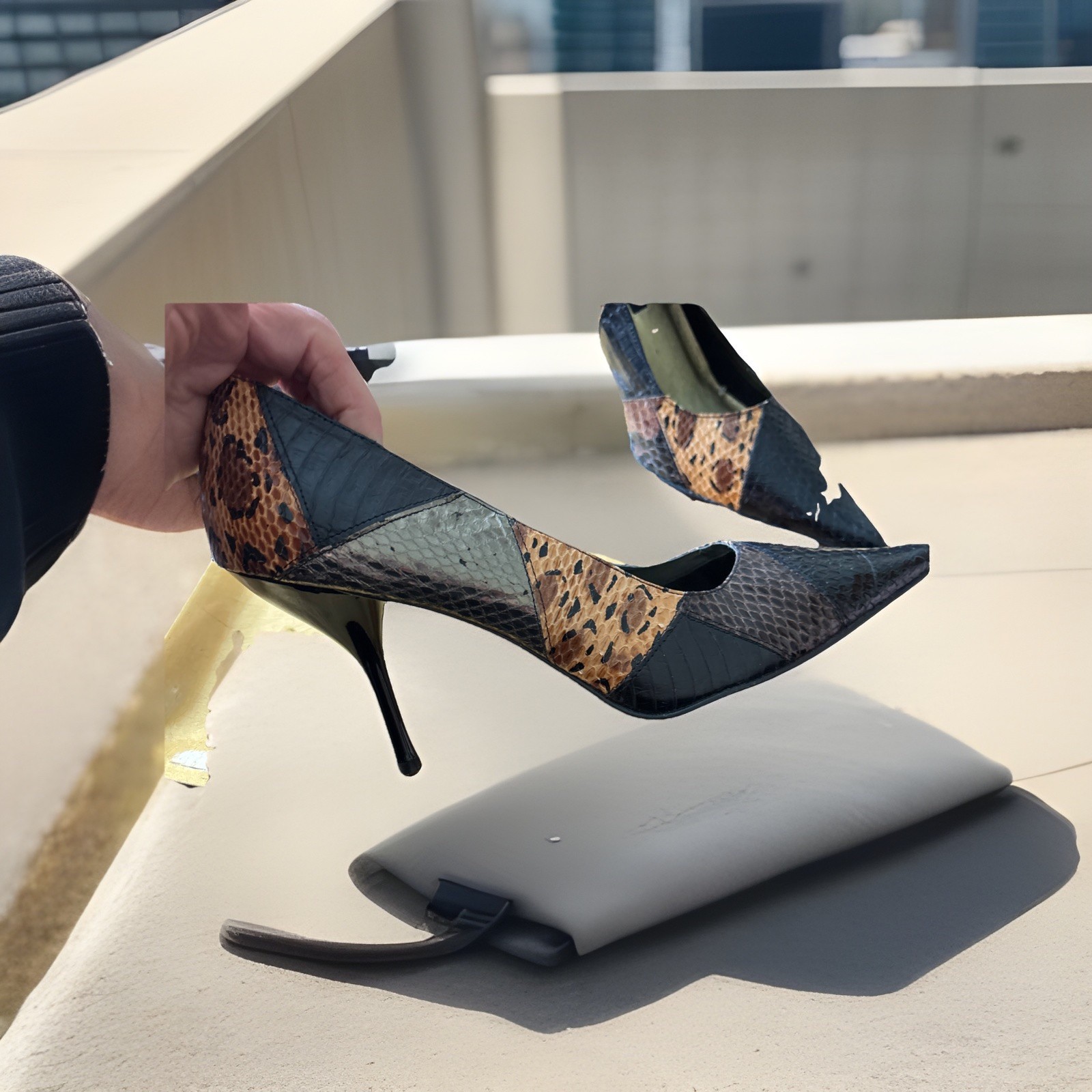 BEVERLY FELDMAN Patchwork Snake Pointed Toe Pumps… - image 4