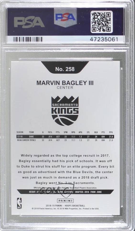 2018-19 Panini NBA Hoops Blue Marvin Bagley III #258 PSA 9 MINT Rookie RC - Image 2 of 2