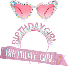 3Pcs Birthday Girl Sash Headband and Sunglasses Set