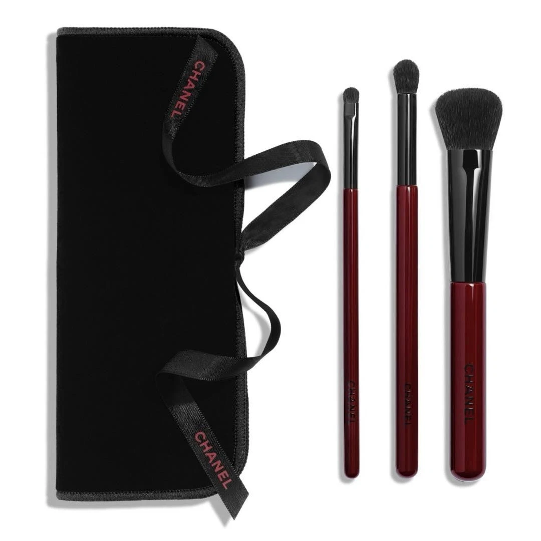 Chanel Les Pinceau Rouge Noir Makeup Brush Set of 3 Limited New