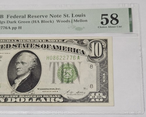1928 B $10 Dollar Federal Reserve Note St. Louis FR#2002-H Dark Green PMG 58 - Picture 3 of 6