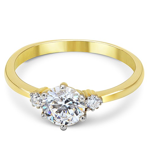 14K Solid Yellow Gold CZ Cubic Zirconia Three Stone Engagement Ring - Picture 2 of 5