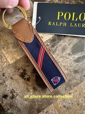 NWT Polo Ralph Lauren Leather Trim w/Silk Crest Split O-Ring Key Chain Fob