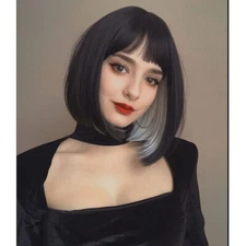 Short Black Bob Wigs for Women with Bangs Gray Highlights Fashion Bob Party Wigs