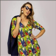 Calypso Nordic Garden Geo Print Faux Wrap Dress Stretch Tropical Resortwear 14
